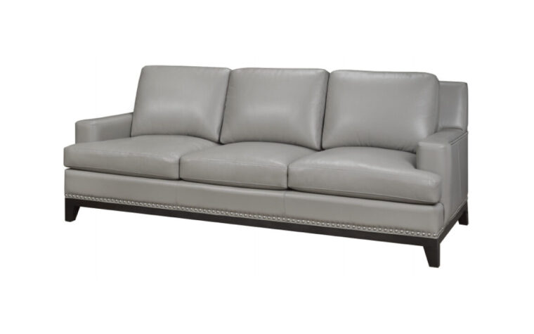 Leesburg Sofa by LeatherCraft - chic grey leather sofa with minimalist arms, semi-attached back cushions, and a dark wooden base