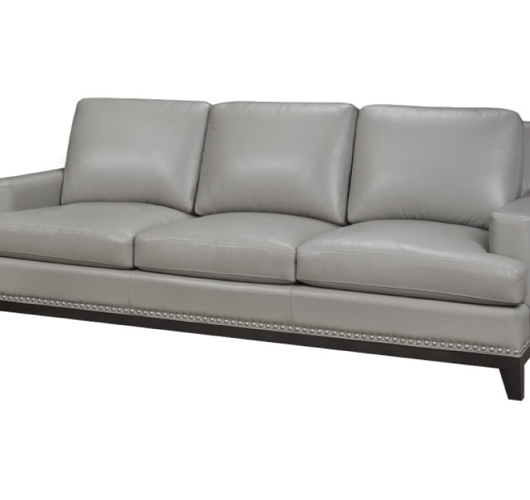Leesburg Sofa by LeatherCraft - chic grey leather sofa with minimalist arms, semi-attached back cushions, and a dark wooden base