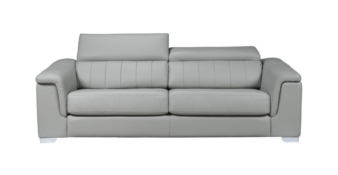 New York Sofa by LeatherCraft - modern two-seater sofa with adjustable headrests and channel tufting on the back; covered in light grey leather; rolled square arms