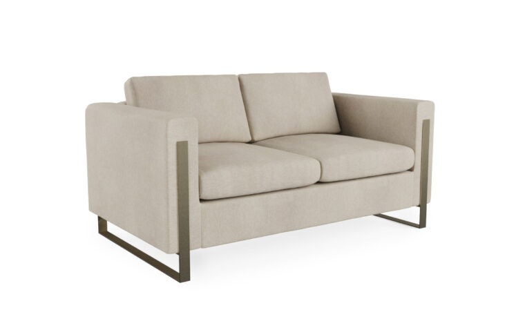 Oslo Loveseat- Vogel by Chervin - kismet linen and dark brushed bronze - 2 over 2 cushions - quarter turn