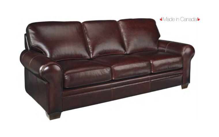 Woodbridge Sofa by LeatherCraft - rich burgundy brown leather sofa with overstuffed cushions, rolled arms, and square legs