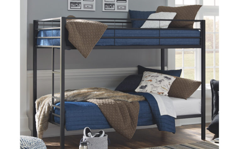 Broshard Bunk Bed - black powder-coat finish; metal frame bunk bed (twin-over-twin) with built-in ladder and protective side rails; blue and brown bedding
