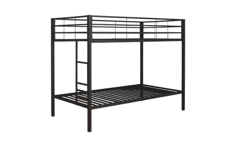 Broshard Bunk Bed - black powder-coat finish; metal frame bunk bed (twin-over-twin) with built-in ladder and protective side rails; exposed lower bunk
