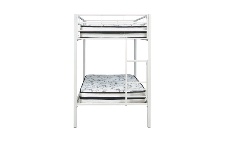 Broshard Bunk Bed - white powder-coat finish; metal frame bunk bed (twin-over-twin) with built-in ladder and protective side rails; ladder-side view