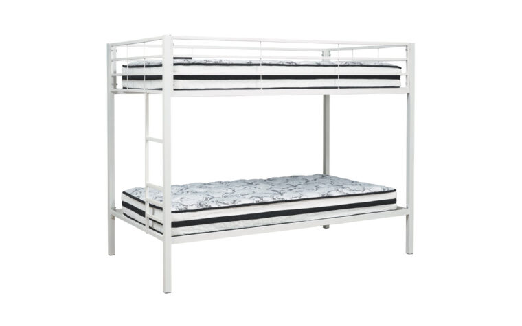 Broshard Bunk Bed - white powder-coat finish; metal frame bunk bed (twin-over-twin) with built-in ladder and protective side rails