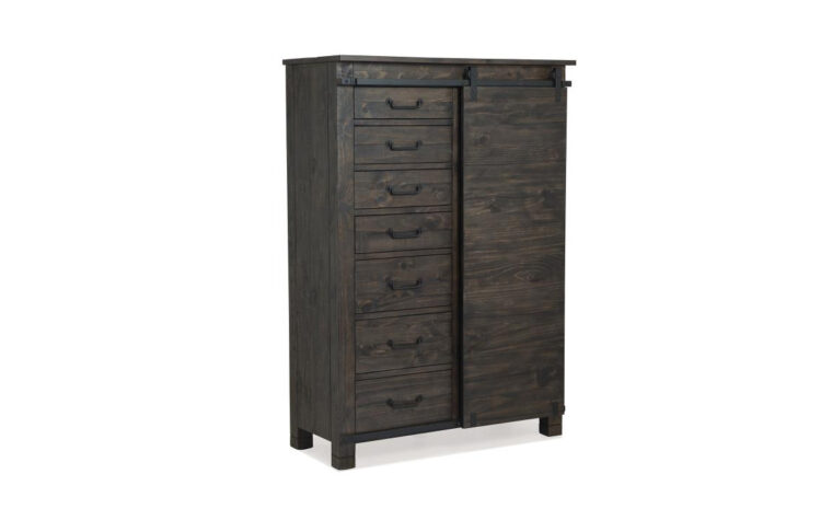 B3804-13 Abington Door Chest - 7 drawers, wood barn door style sliding door, and adjustable wood shelves
