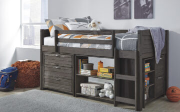 B388 Caitbrook Loft Bed - grey, orange, and white bedding in kids room; games, books and toys stored on the selves beneath the bed