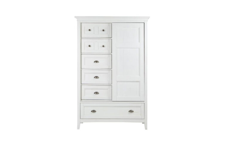 B4400-13 Heron Cove Door Chest - chest finished in Chalk White, with 6 drawers and a paneled sliding door
