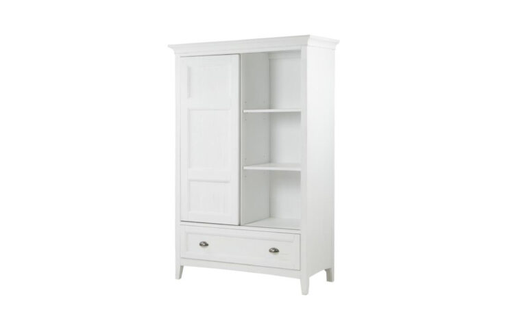 B4400-13 Heron Cove Door Chest - chest finished in Chalk White, with a paneled sliding door and 2 adjustable shelves revealed behind