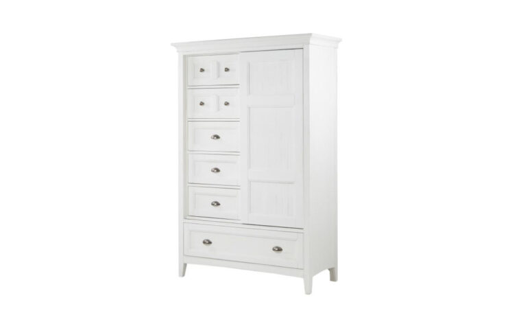 B4400-13 Heron Cove Door Chest - chest finished in Chalk White, with 6 drawers and a paneled sliding door