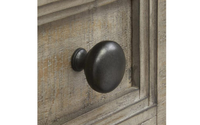B4805-13 Paxton Place Door Chest - Dovetail Gray finish on transitional door chest accented with Weathered Bronze hardware (close-up on hardware here)