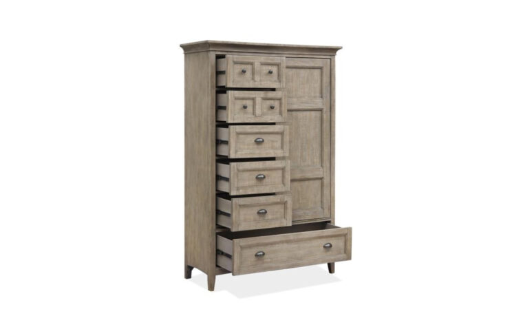 B4805-13 Paxton Place Door Chest - Dovetail Gray finish on transitional door chest with 6 drawers and a sliding paneled door, accented with Weathered Bronze hardware (drawers open)