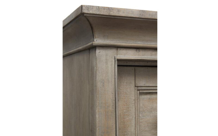 B4805-13 Paxton Place Door Chest - Dovetail Gray finish on transitional door chest; elegant crown moulding and stepped shaker pattern in wood frame and door detail
