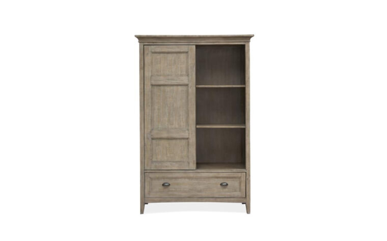 B4805-13 Paxton Place Door Chest - Dovetail Gray finish on transitional door chest with 2 adjustable shelves revealed behind a sliding paneled door, accented with Weathered Bronze hardware