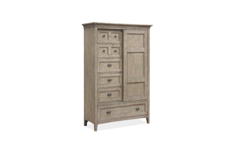 B4805-13 Paxton Place Door Chest - Dovetail Gray finish on transitional door chest with 6 drawers and a sliding paneled door, accented with Weathered Bronze hardware