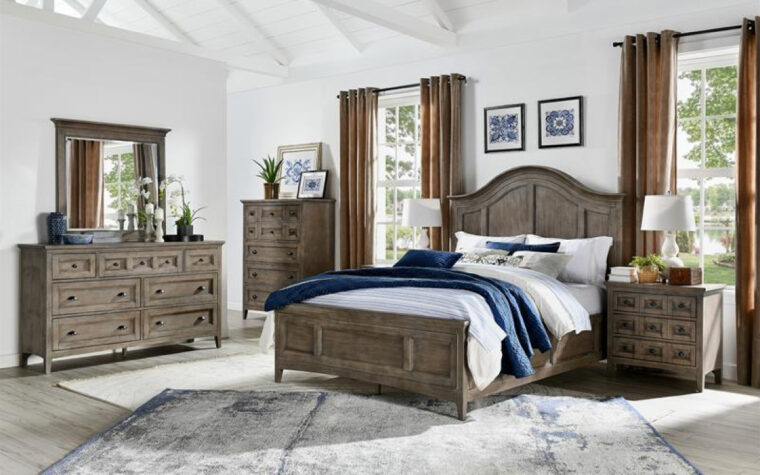 B4805 Paxton Place Bedroom Collection - Universal Furniture - Dovetail Gray finish on transitional bedroom furniture accented with Weathered Bronze hardware in off-white room with a gray area rug