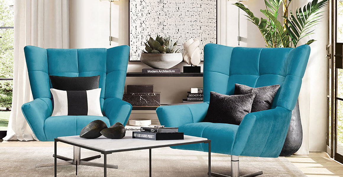 blue swivel chairs in a modern living room