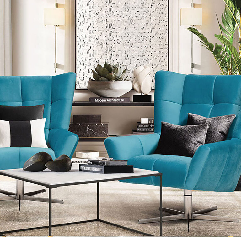 blue swivel chairs in a modern living room