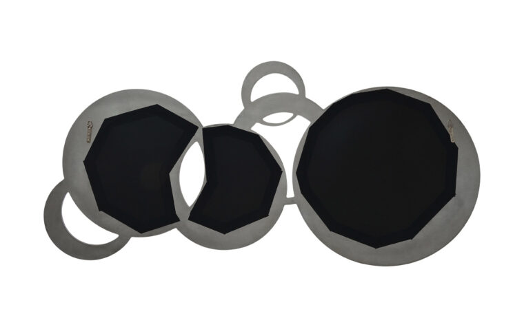 Dublin Circle - Renwil - intersecting metal circles with mirror centres as elaborate modern wall art; with black backing and picture hanging hooks