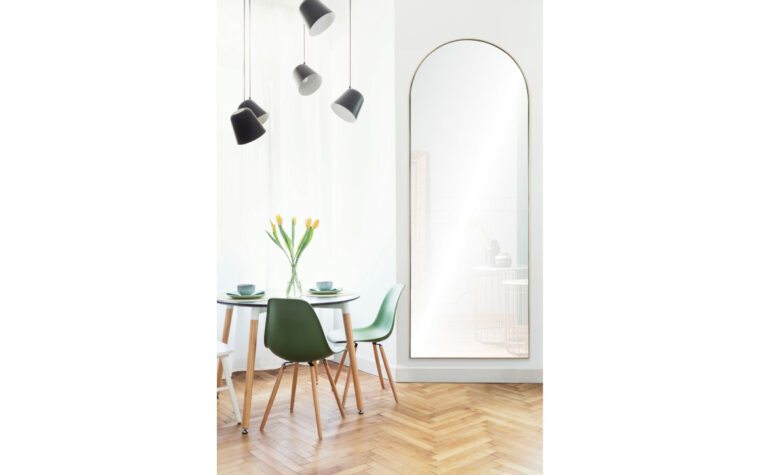 Thatcher Mirror- Renwil - arched, full-length mirror with thin gold frame; hanging on white wall near breakfast nook by airy, bay window; green table and chairs with wooden legs