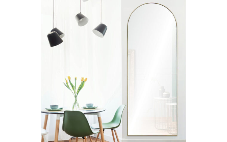 Thatcher Mirror- Renwil - arched, full-length mirror with thin gold frame; hanging on white wall near breakfast nook by airy, bay window; green table and chairs with wooden legs