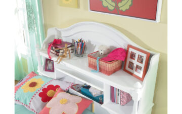 Madison Desk Set - staged in little girl's bedroom with white desk and hutch, decorated with pink and playful craft supplies