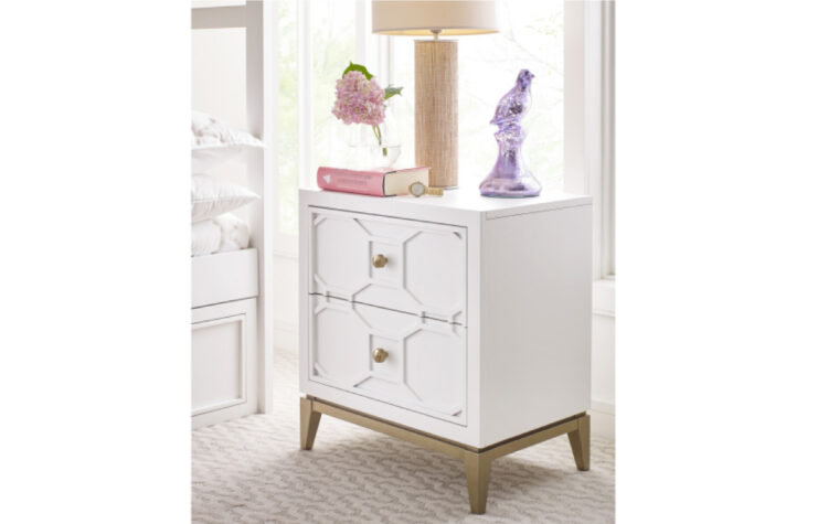 7810-3101 - Chelsea Nightstand with Decorative Lattice - nightstand with delicate, feminine kids' decor on top; lots of sunlight coming in through bedroom windows on white furniture