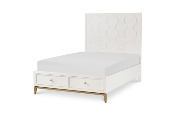 7810-4124K - Full Chelsea Panel Bed with Decorative Lattice - Legacy Classic Kids - white painted finish with gold feet and applied white lattice on headboard, & 2 storage drawers incorporated under-bed