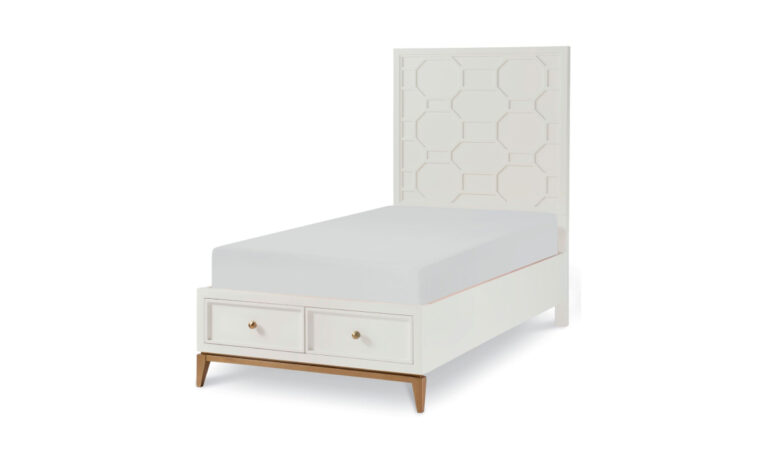 7810-4123K - Twin Chelsea Panel Bed with Underbed Storage - Legacy Classic Kids - white painted finish with gold feet and applied white lattice on headboard, & 2 storage drawers incorporated under-bed