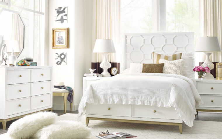 7810-4104K - Full Chelsea Panel Bed with Underbed Storage & Decorative Lattice - Legacy Classic Kids - white painted finish with gold feet and applied white lattice on headboard; in white and soft pink kids' bedroom