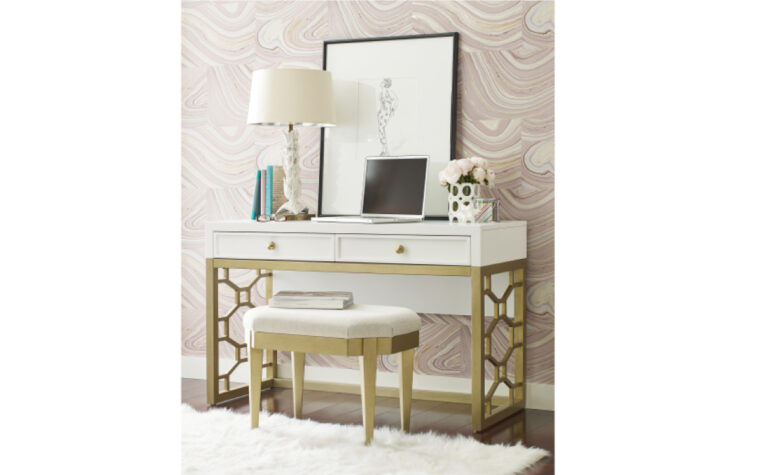 7810-6100 - Chelsea Vanity - Legacy Classic Kids - white and gold kids' desk in modern style with rectangular mirror above and petite matching bench
