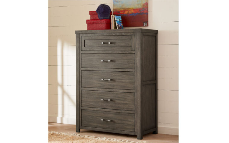 8830-2200 - Bunkhouse Drawer Chest - weathered espresso wood finish on 5 drawer kids' bedroom chest - staged in ran bedroom with red and blue decor