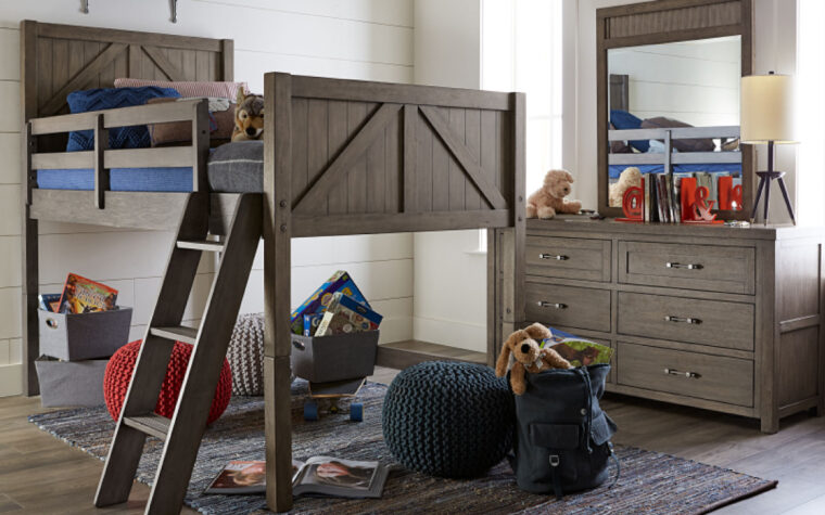 8830-8330K - Bunkhouse Loft Bed - at full height with lounge area beneath (casual kids' seating area); dresser and mirror also in white room