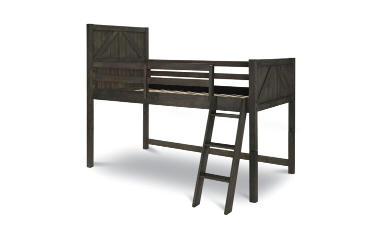 8830-8330K - Bunkhouse Loft Bed - ladder, guardrails, and rustic panelled headboard and footboard - nothing beneath