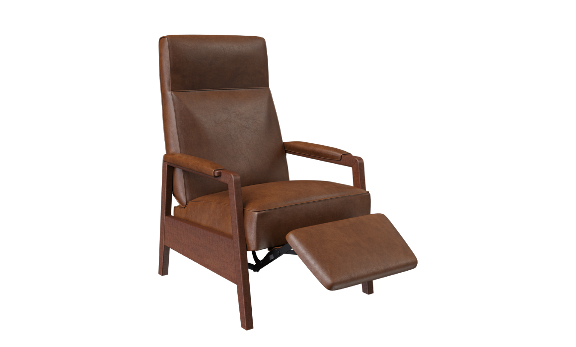 Front shot of the Oxford recliner from Vogel by Chervin in brown leather and walnut arms and legs and a reclining position