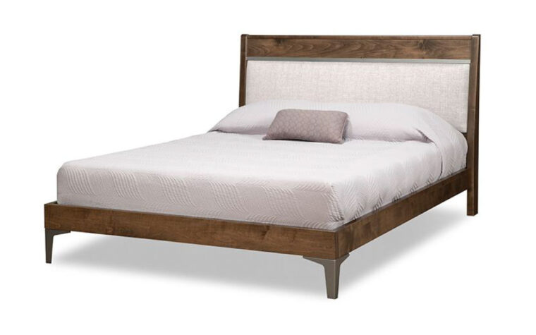 transitional styled platform bed with wood frame and upholstered headboard