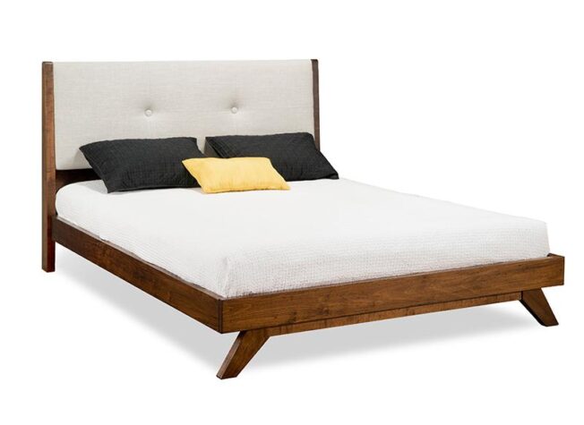 Mid century modern platform bed with wood frame and upholstered headboard