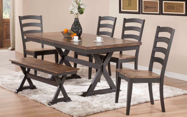 industrial dining table with wood top and bench