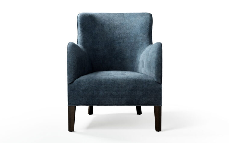 navy blue stationary chair with curved arms and back