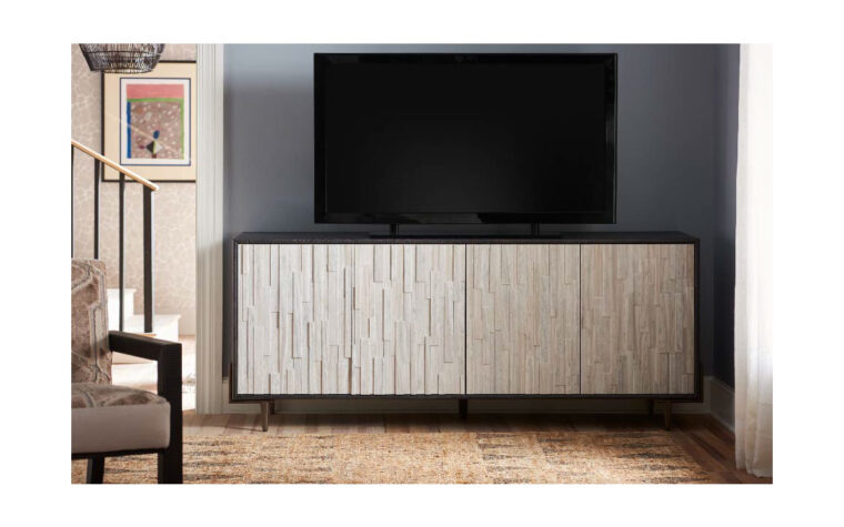 Entertainment console crafted in a black and white composition with texturized doors