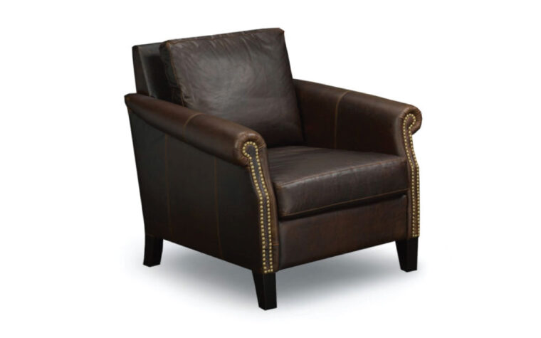 traditional brown leather club chair with rolled arms and nailhead trim