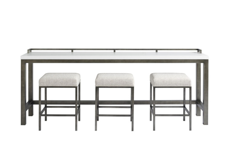 Console table with three upholstered stools sitting underneath a clean wood top