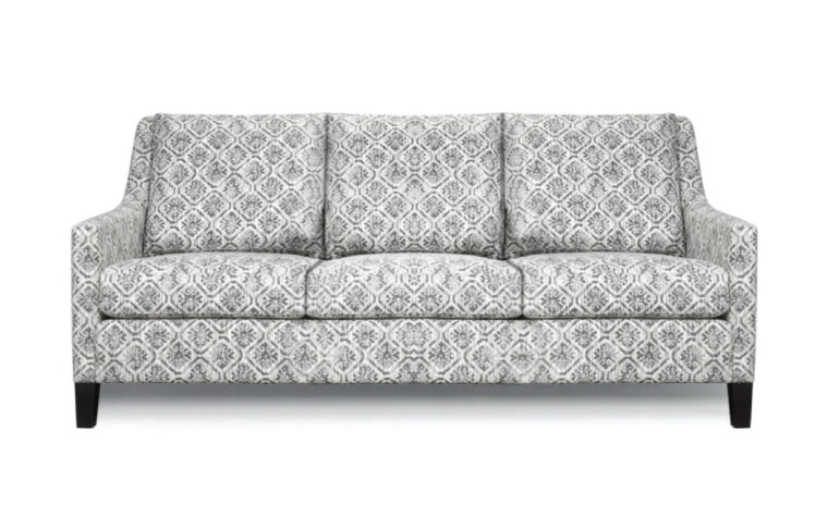 traditional sofa with grey and white patterned fabric