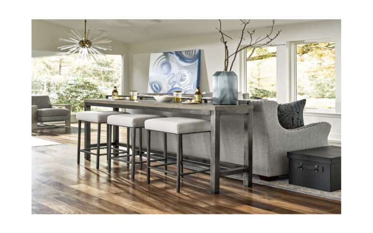 Rustic designed console table with three stools in living room