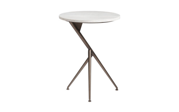 Round end table with an asymmetrical design with a stone top and metal base