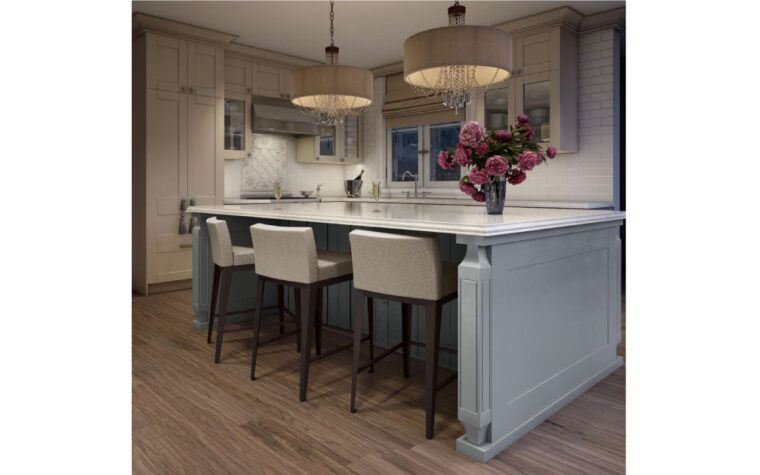 Bar stools with short backrests with a kitchen island