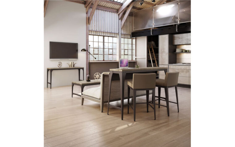 Bar stools with short backrests with a table
