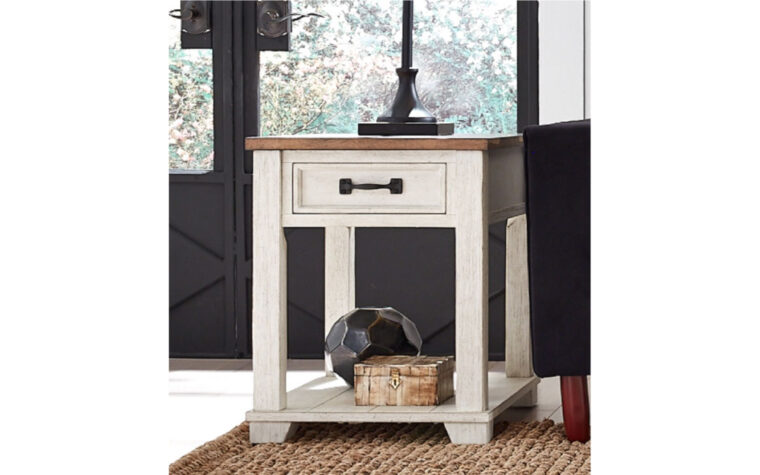 Rectangular end table with a two-toned finish and one drawer and one shelf