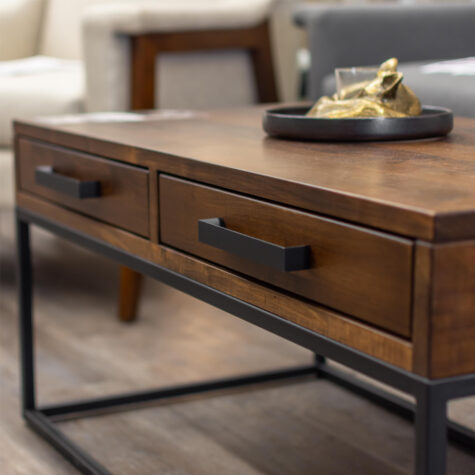 Wood coffee table top with metal hardware and base