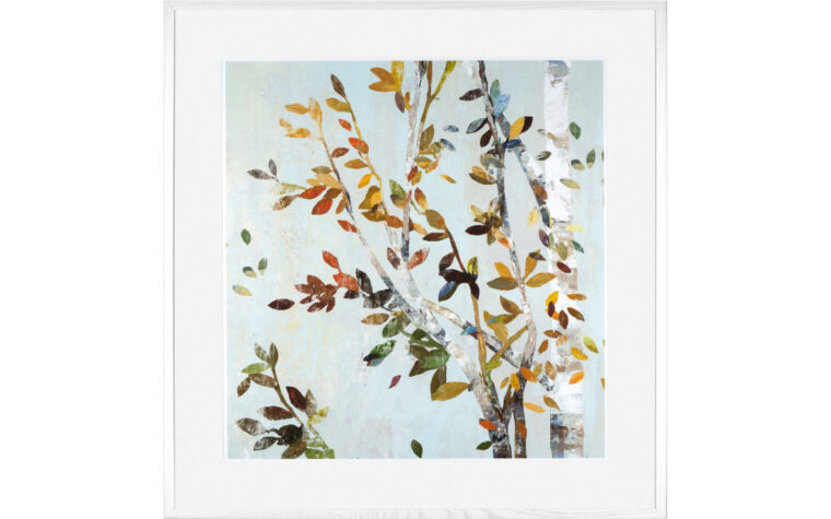 floral wall art shows warm leaves on a birch tree with a blue background